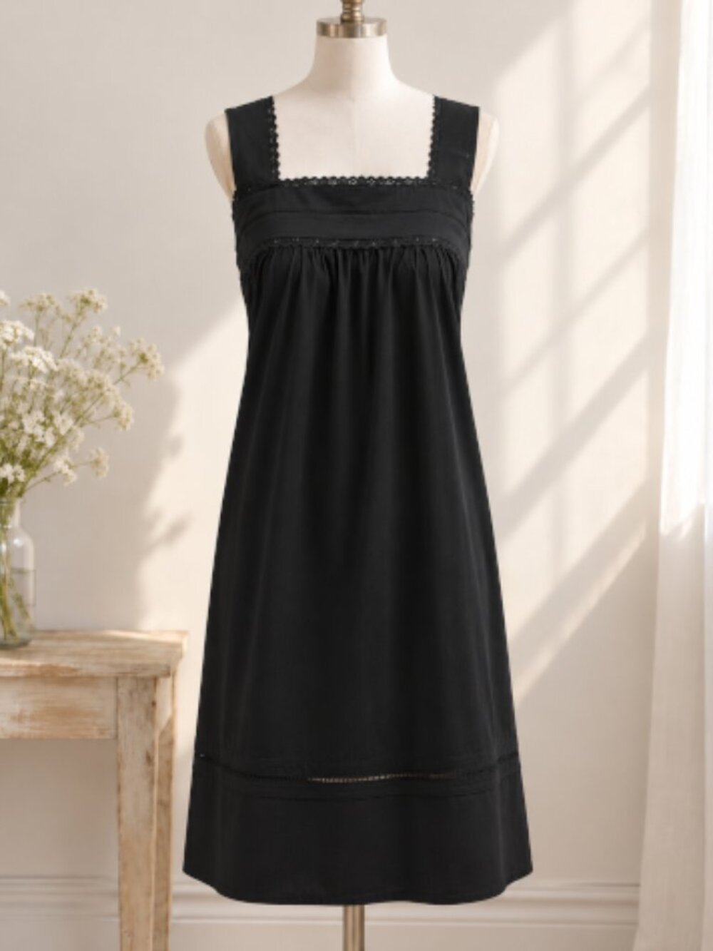 SoieRose Black 100% Cotton Strappy Victorian Nightgown - SR-1012